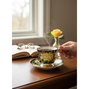 Elizabethan Fine Bone China Tea Cup Saucer, Yellow Roses Black Gold